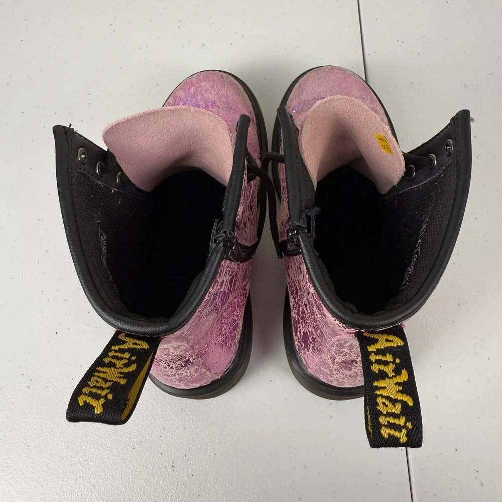 RARE Dr. Martens Boots Pink Shimmer Crackle Leather Lace Up Side Zip Size 3 Kids